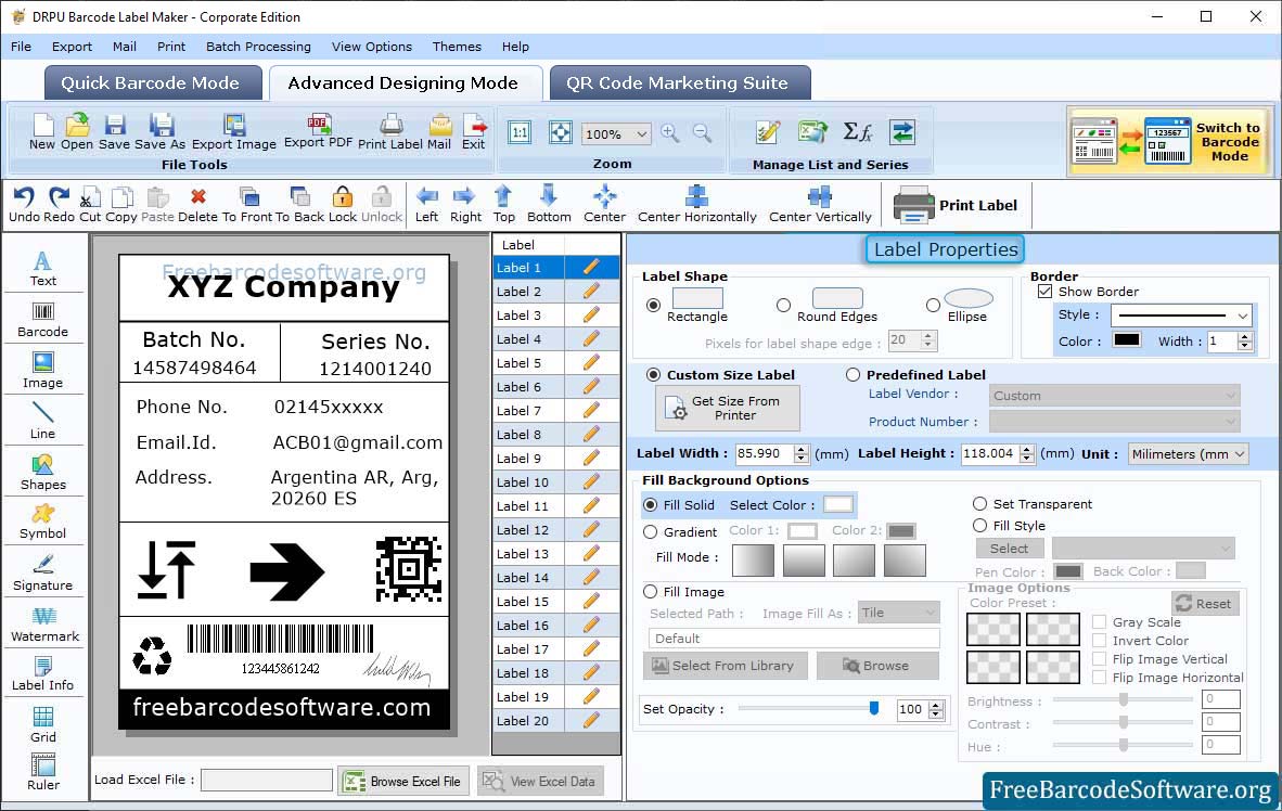 Corporate barcode Label Properties