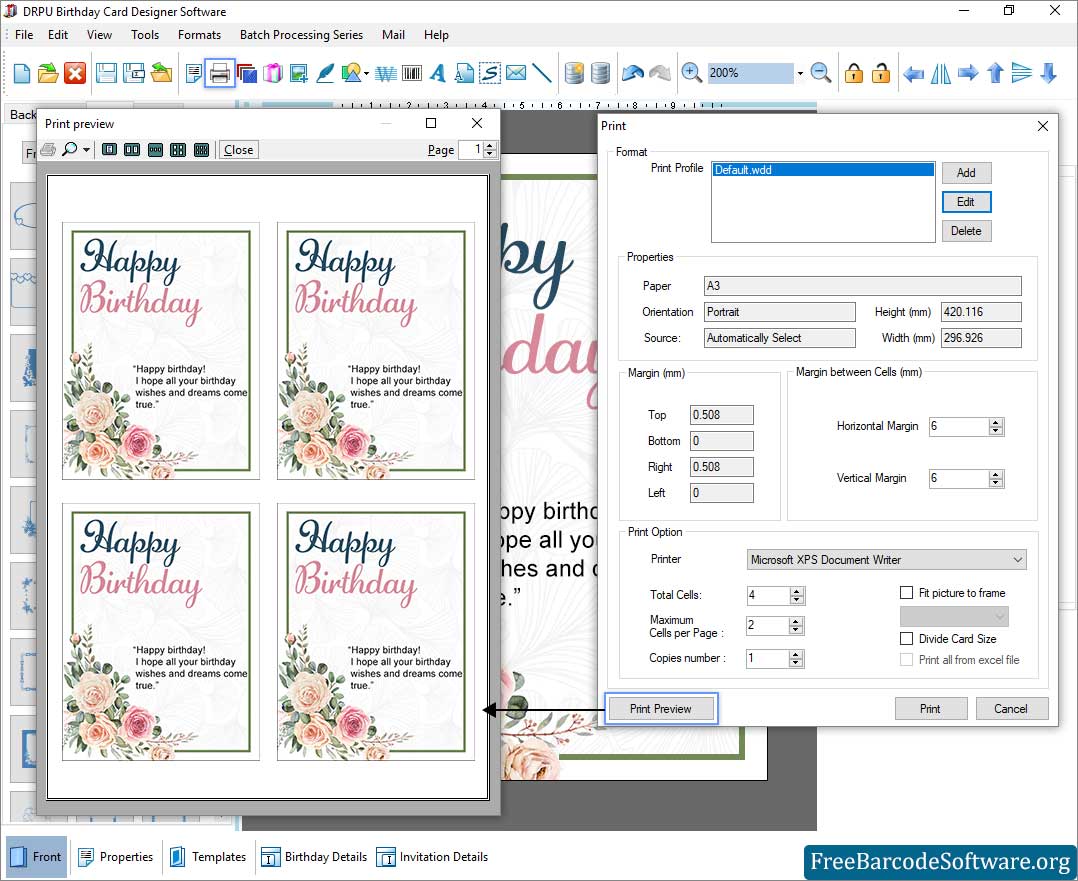 Print Settings Birthday Cards Designing Print Preview