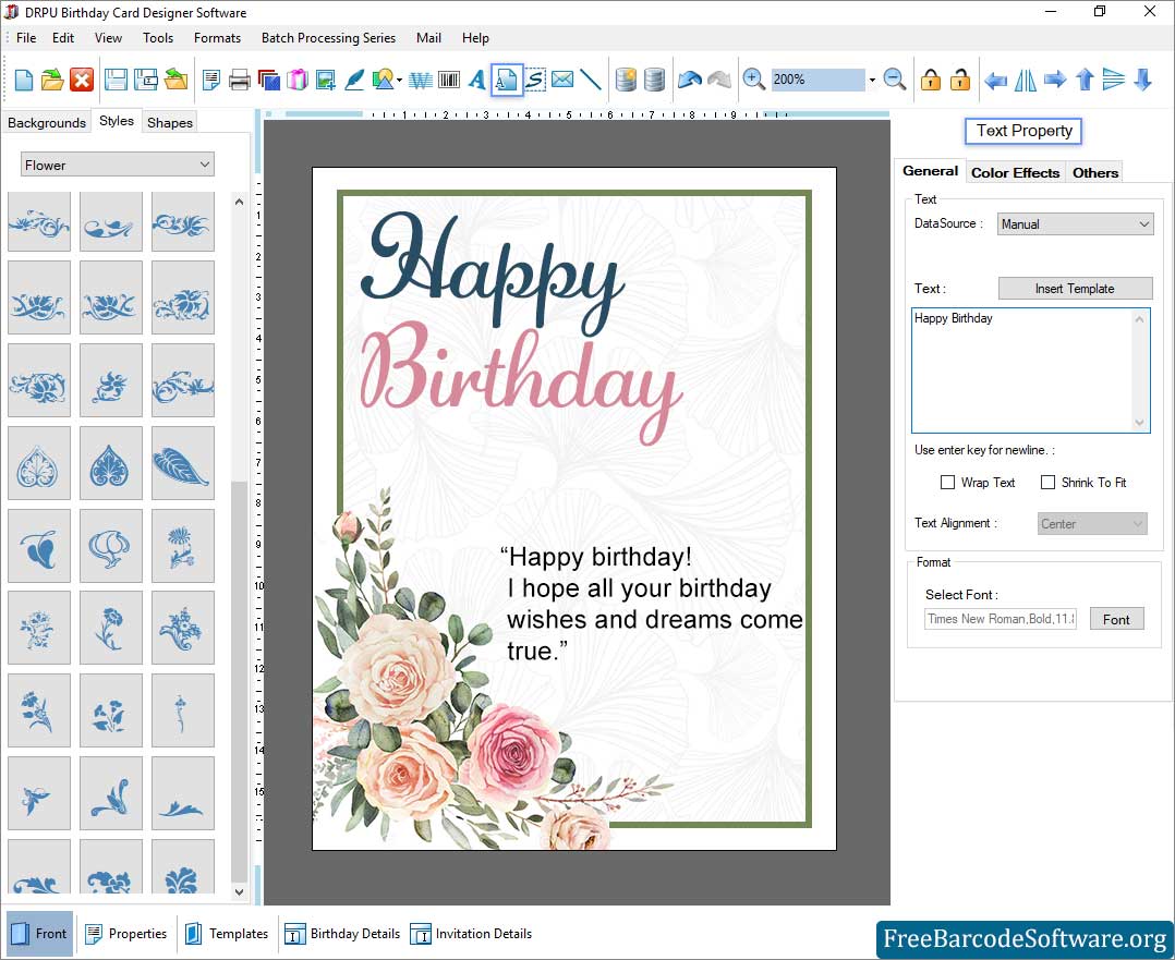 Text Properties Birthday Cards Designing Software text property