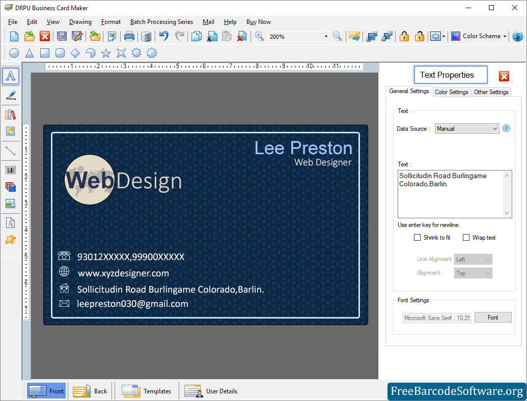 Text Properties Business Card Maker Software
