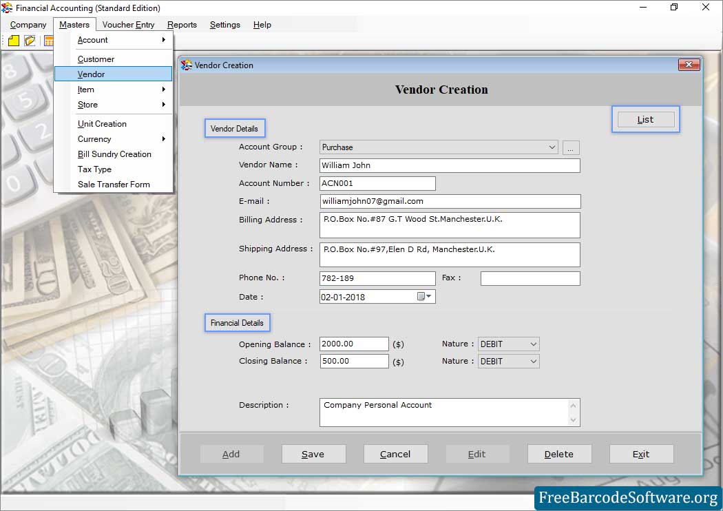 Vendor Creation Accounting Software (Standard Edition)