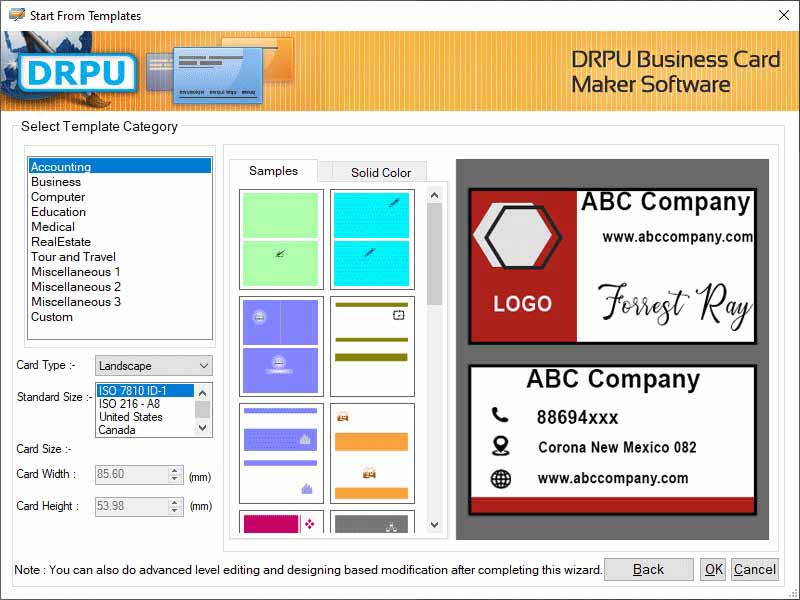 Screenshot of Windows Business Cards Printing Tool