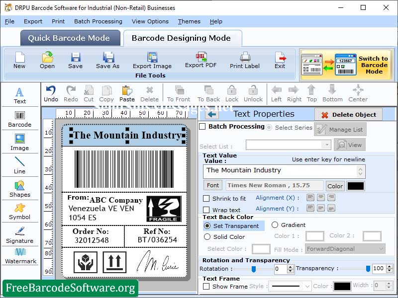 Screenshot of Warehouse Barcode Creator