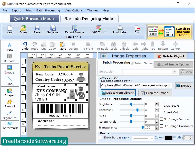 Screenshot of Postal Barcode Designing Tool