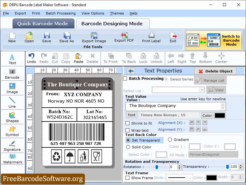 Screenshot of Free Barcode Label Generator